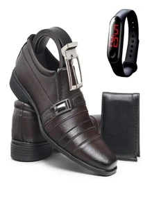 Kit Sapato Masculino Social Elegante Confortável com Relógio Carteira e Cinto - Café - Visão 1