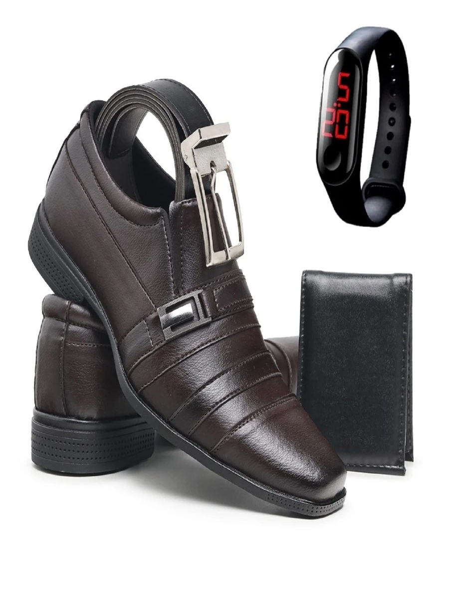 Kit Sapato Masculino Social Elegante Confortável com Relógio Carteira e Cinto - Café - Visão 1