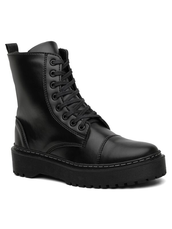 Coturno Feminino Bota Preta Sola Solado Tratorado Brilhosa Cano Médio