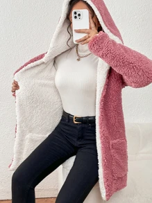 Women Faux Fur Coats - Rosa coral - Ver 1