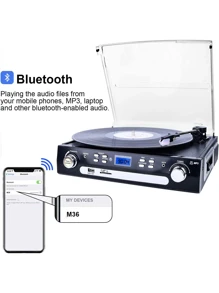 Record Player With Stereo Speakers, Turntable For Vinyl To MP3 With Cassette Play, AM/FM Radio, Remote Control, USB/SD Encoding, 3.5mm Music Output Jack - Black - View 2