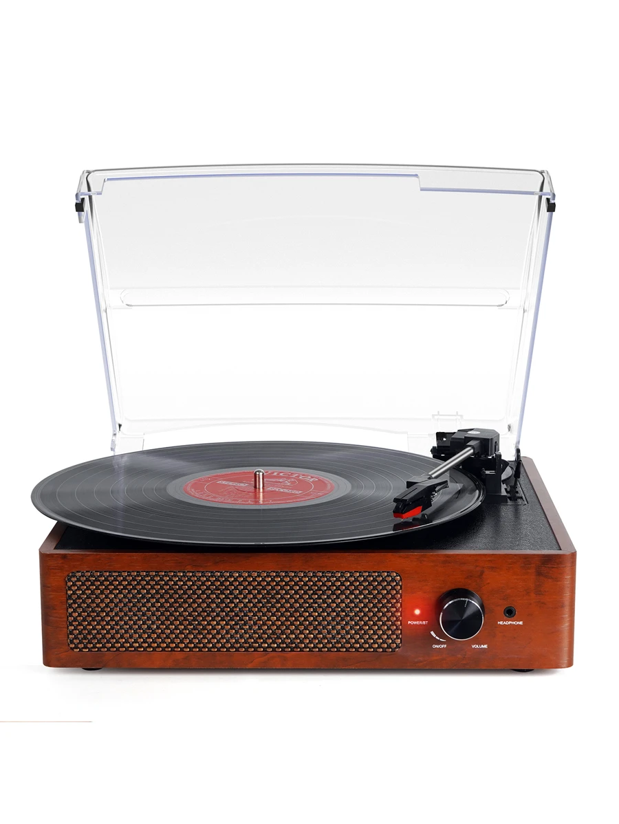 Vinyl Record Player Turntable With Built-In Receiver & 2 Stereo Speakers, 3 Speed 3 Size Portable Retro Record Player - Orange - View 1