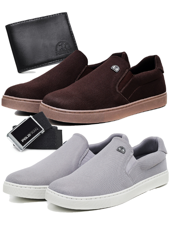 Kit 2 Pares Sapatênis Slip On Masculino Elástico Polo Fran Tênis Iate Casual Com Carteira e Cinto