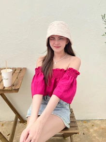 สม็อคปาดไหล่ เสื้อไปเที่ยวทะเล สไตล์เกาหลี ใส่เที่ยว ออกงานได้หมดค่า ครอปเปิดไหล่ รุ่น เส้นคู่แขนสั้น - สีชมพูบานเย็น - ดู 1