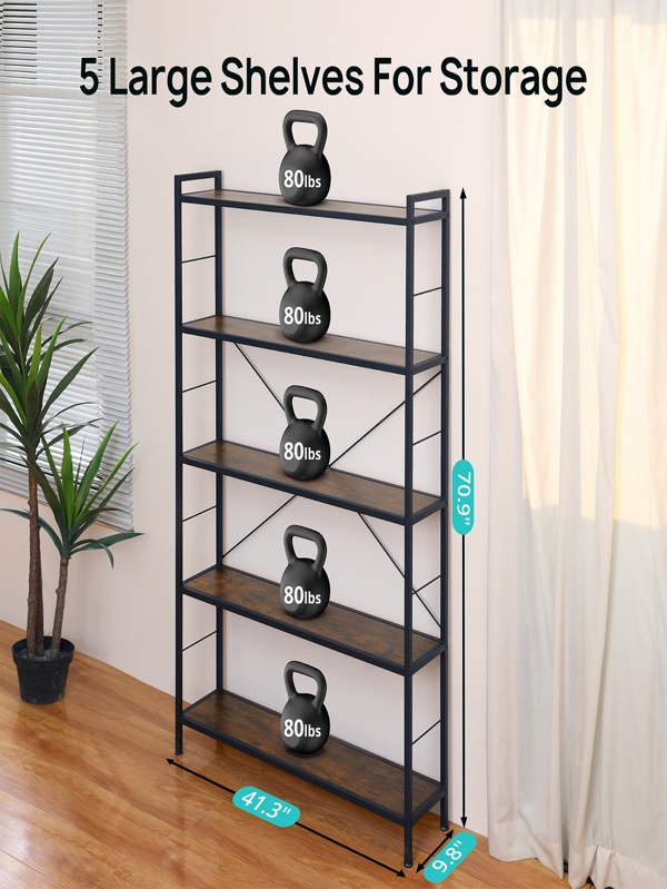 5Shelf Bookshelf, Modern Freestanding Bookcase with Steel Frame, X