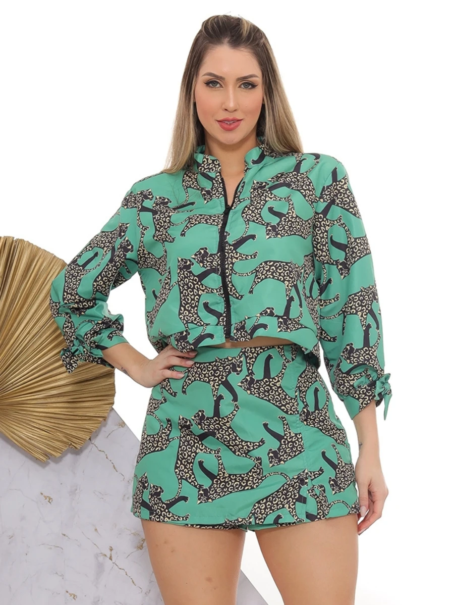 Women's Set Printed Bomber Shorts Skirt Tactel Animal Print Fashion - Màu xanh Bạc hà - Xem 1