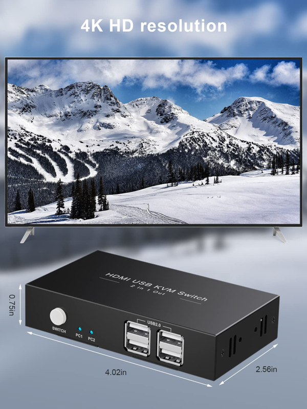 Rybozen KVM Switch HDMI, 4K30Hz HDMI Switch 2 Port Box, 2 Computers