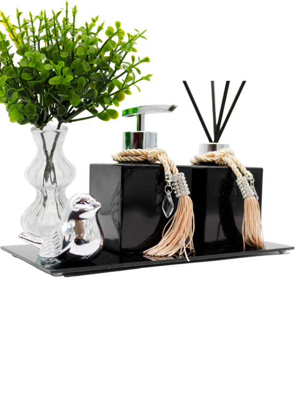 Kit Aromatizador Lavabo C/ Bandeja Espelhada e Porta Sabonete Super Luxo
