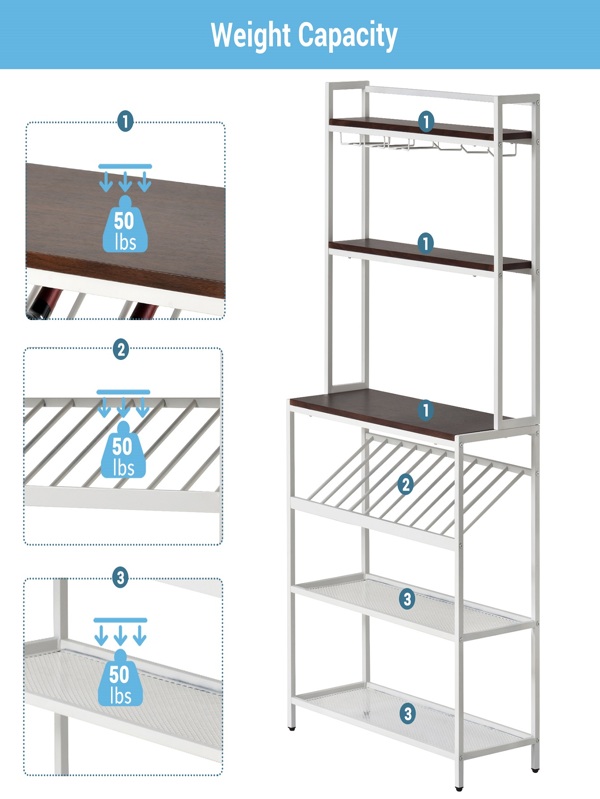 Modern 6Tier Baker Rack, Freestanding Bar Wine Rack Table with Glass Cup Holders, Kitchen