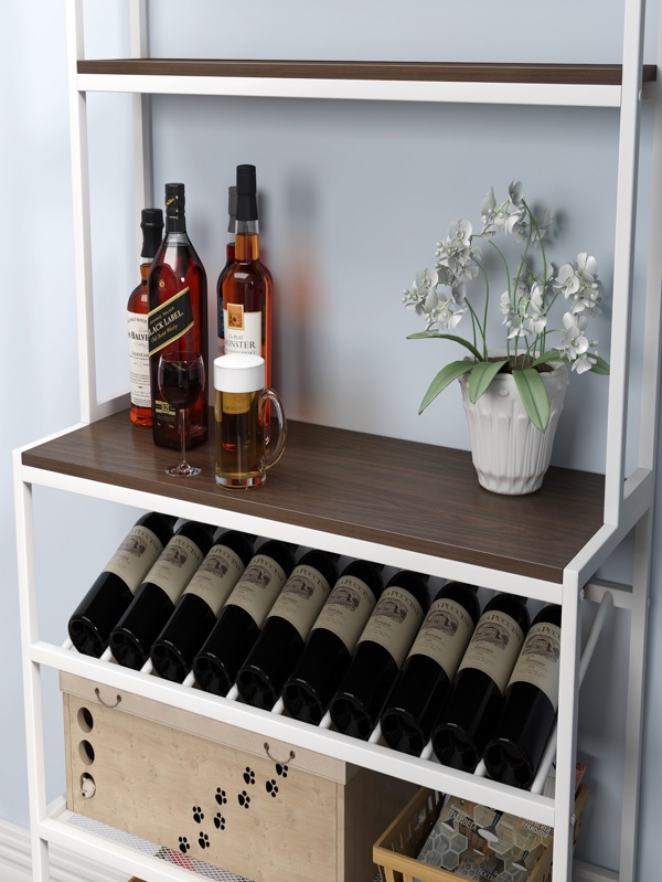 Modern 6Tier Baker Rack, Freestanding Bar Wine Rack Table with Glass Cup Holders, Kitchen