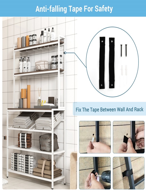 Modern 6Tier Baker Rack, Freestanding Bar Wine Rack Table with Glass Cup Holders, Kitchen