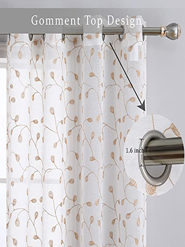 Embroidered Sheer Curtain 52 Inch Wide Bedroom Window Curtain Olive Shaped Leaves Sheers Semi