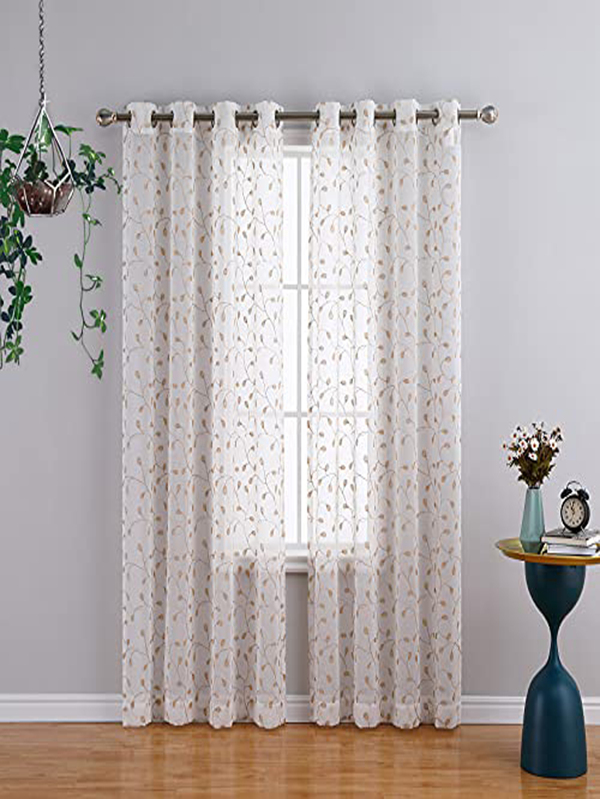 Embroidered Sheer Curtain 52 Inch Wide Bedroom Window Curtain Olive Shaped Leaves Sheers Semi