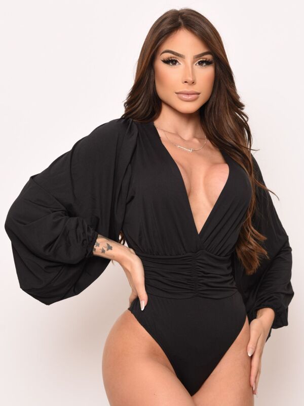 Body Feminino / Blusa Feminina Manga Longa Bufante / Bodysuit Trançado / Decotado Gola V / Moda Blogueira