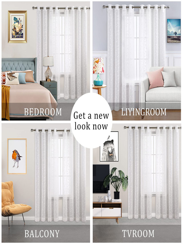 White Sheer Curtain 63 Inch Length Living Room Window Curtain Embroidered Sheers Semi