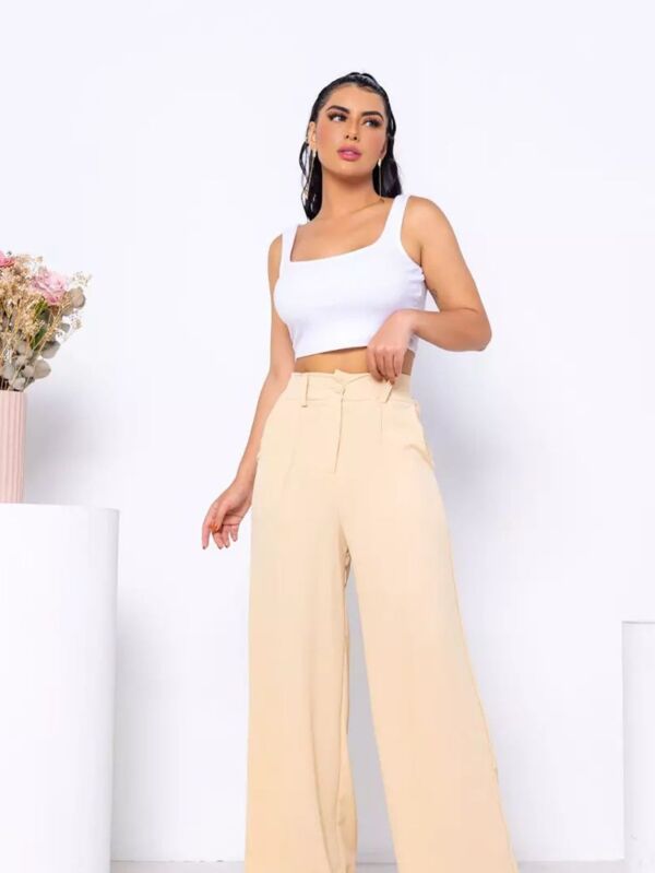 Calça feminina pantalona tecido duna com zíper, botão, forro e elástico na cintura