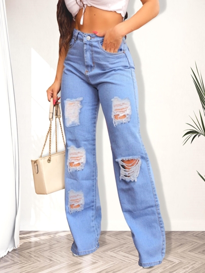 Calça Jeans/ jeans wide leg / ModaFashion / feminina/ jeans casual / perna larga /cintura alta /jeans pantalona/despojado/ com bolso /Rasgado