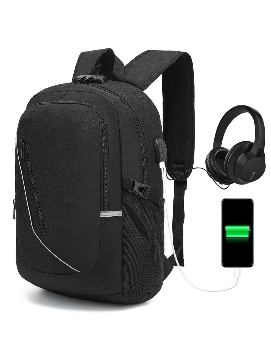 Mochila Impermeable, Mochila para portátil Hombre Mujer Mochila Aire Libre paracon bloqueo y con USB Puerto - Negro - Ver 1