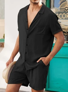 Conjunto de dos piezas para hombre: camisa de lino de manga corta, corbata y botones.Ropa de playa veraniega, holgada e informal, confeccionada en tejido de mezcla de algodón, ligera, transpirable, fresca y suave al tacto, perfecta para la playa y otros destinos vacacionales; un regalo ideal para tu novio o marido. - Gris - Ver 5