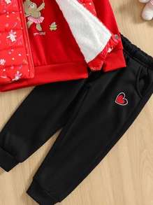 Pants 3 Piezas Chaleco con Forro Polar Sudadera y Jogger para Niña 1-5 Años - Rojo - Ver 3