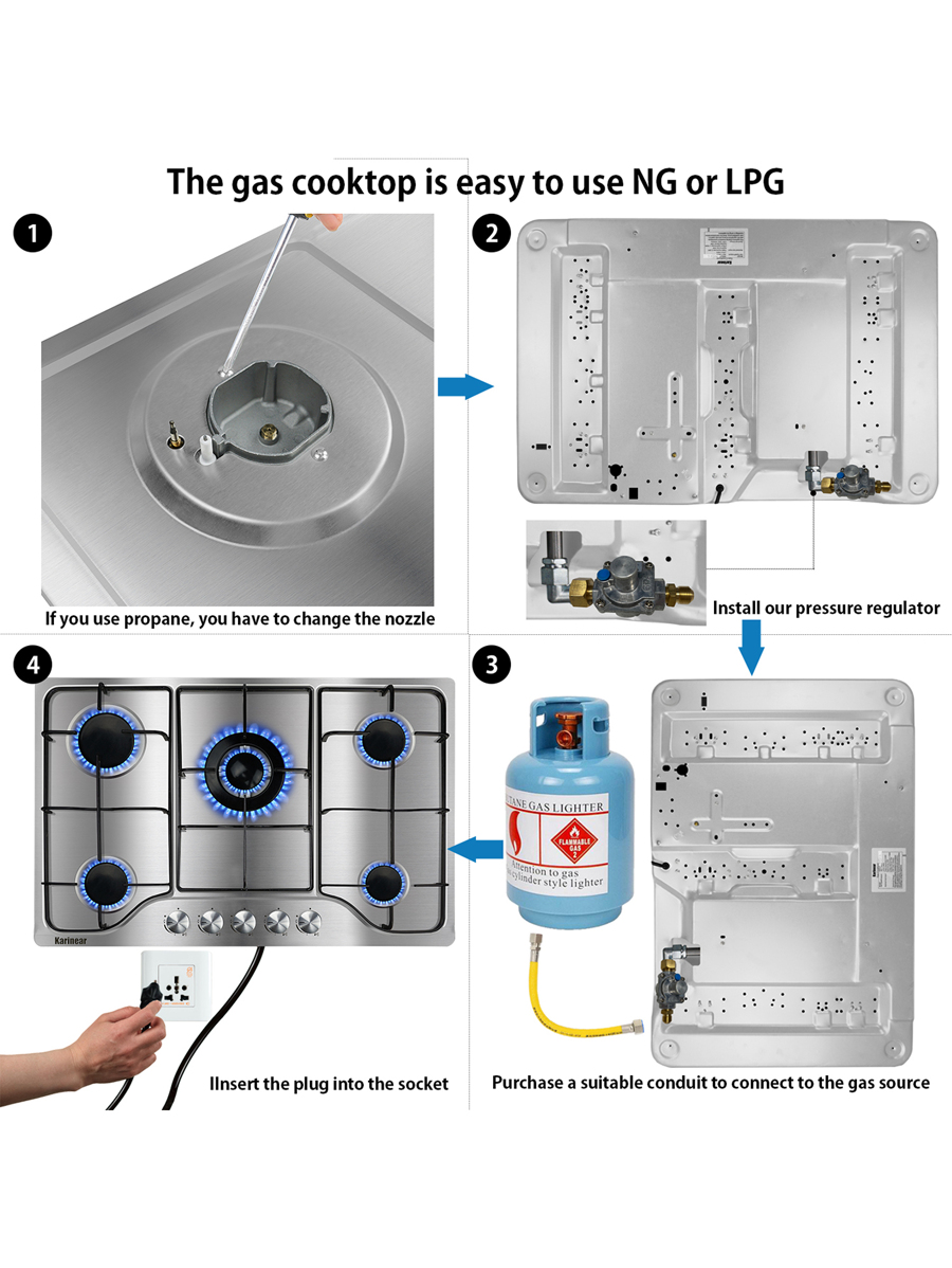 Karinear Gas Stove Gas Cooktop 30 Inch 5 Burners, Builtin Stainless Steel Gas Hob, Natural Gas