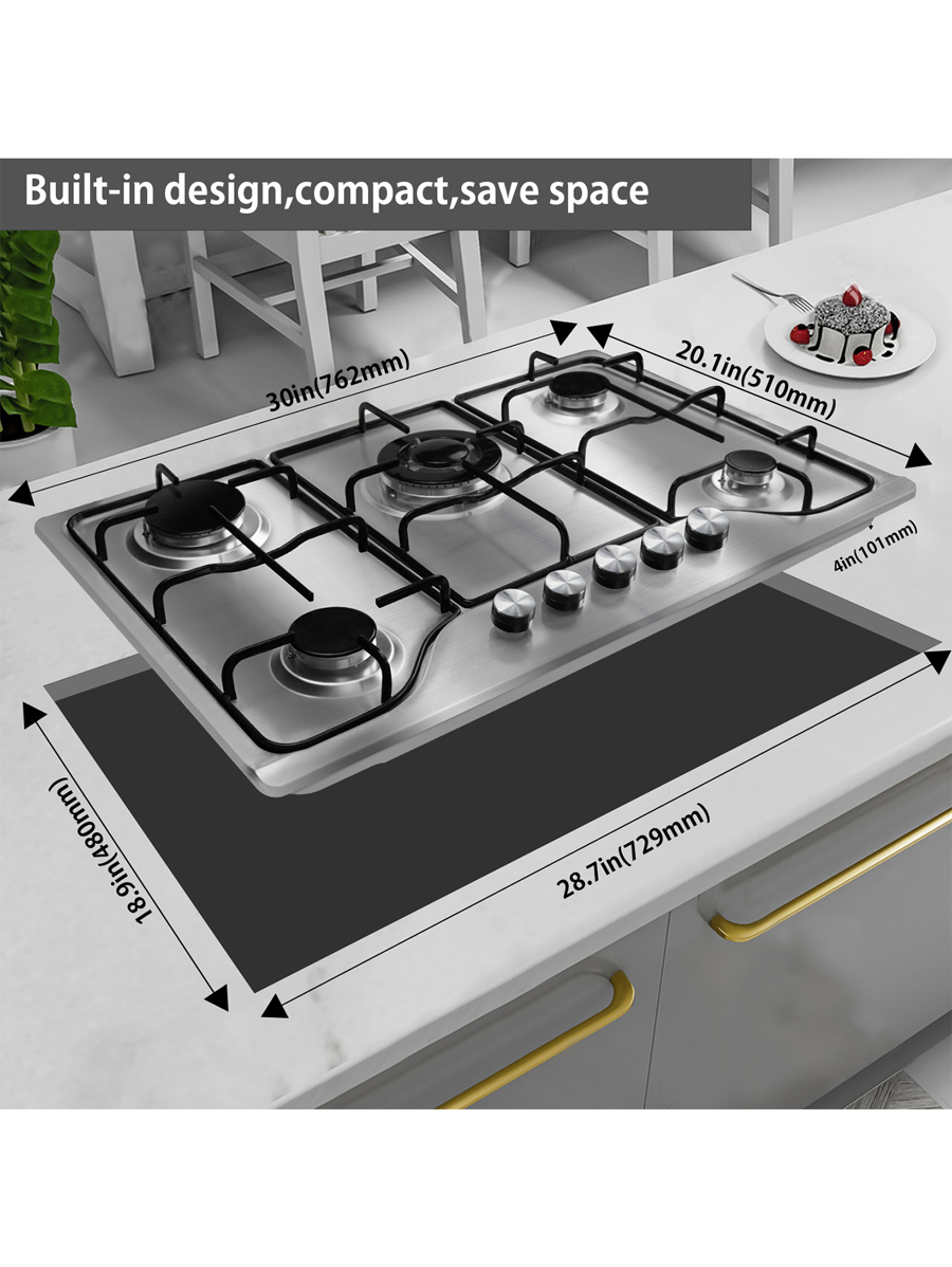 Karinear Gas Stove Gas Cooktop 30 Inch 5 Burners, Builtin Stainless