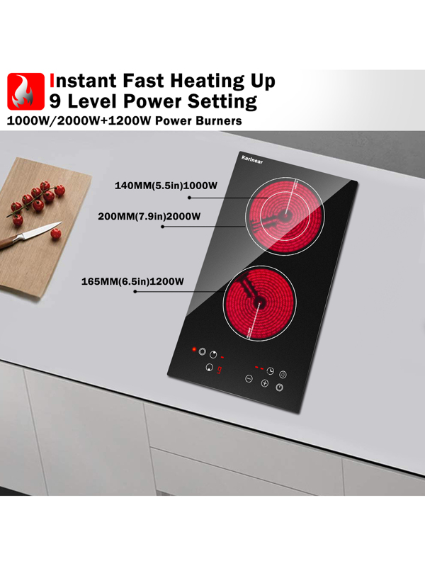 Karinear 2 Burner Electric Cooktop 12 Inch, Dropin Electric Radiant Cooktop 220v 240v with