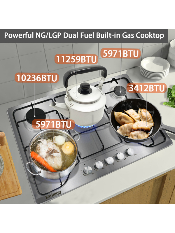 Karinear Gas Stove Gas Cooktop 30 Inch 5 Burners, Builtin Stainless