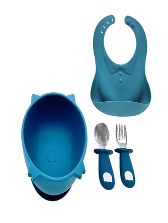 Vajilla para Bebé con Plato Hondo, Cubiertos y Babero Ajustable con Depósito para Migajas