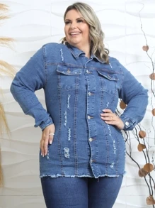 Plus Size Denim Jackets - 藍色 - 查看 6