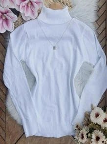 Blusa Feminina Manga Longa Gola Alta Tricot Sueter Cacharrel Basica Elastano