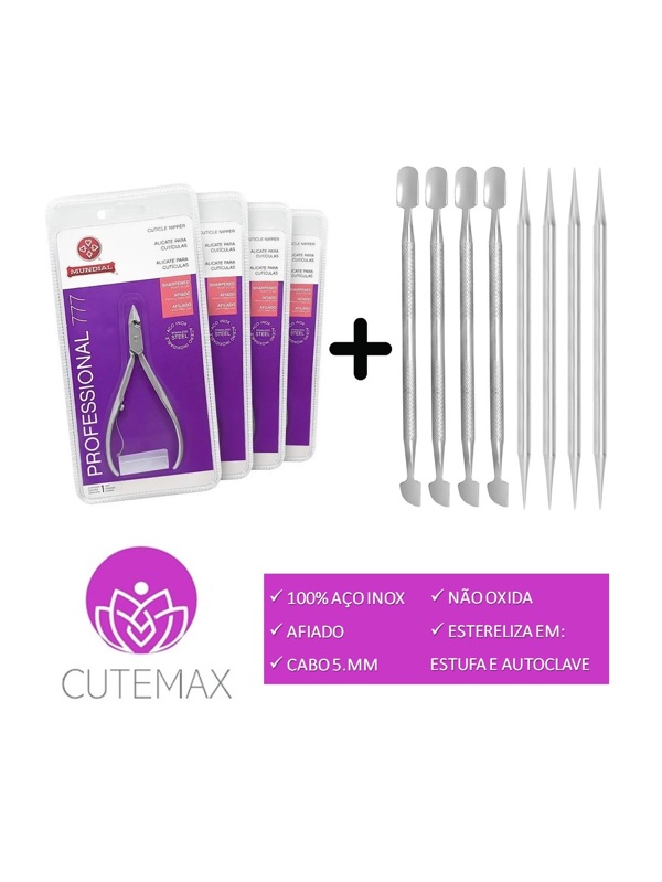 Kit com 4 Alicates de Cutícula Mundial 777 + 4 espátulas + 4 palitos Cutemax