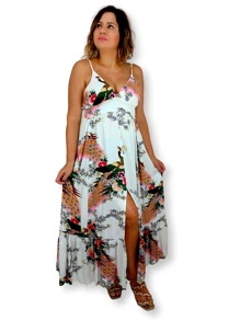 Vestido Longo Indiano Alça Estampa Floral com Fenda 7040