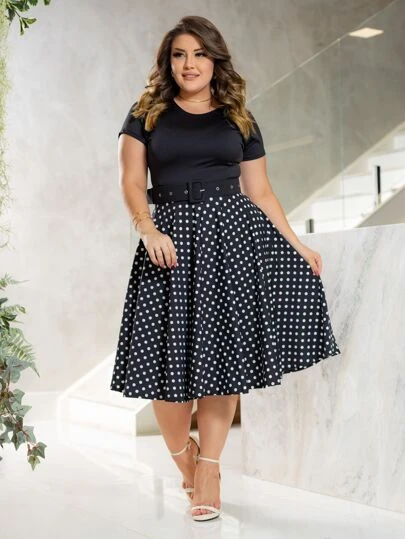 Vestido Midi Godê Rodado Preto com Bolinhas Brancas Acompanha Cinto