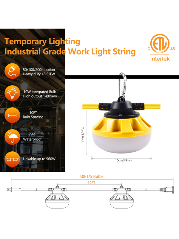 Construction Lights String Temporary Lighting 200ft Work Light