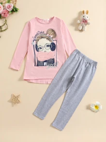 Conjunto 2 Piezas Bluson Bordado Estira Manga Larga y Mallón Para Niña 6-16 Años - Rosa - Ver 1