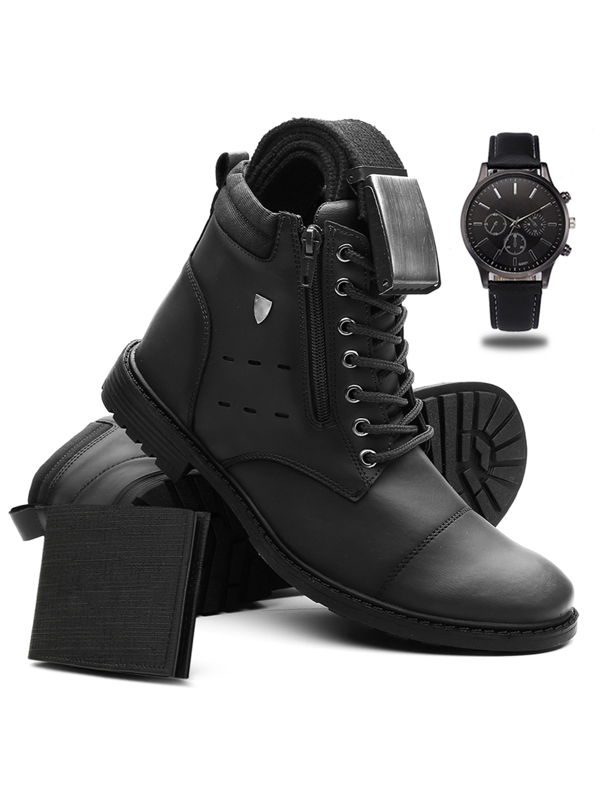 Kit Bota Masculina Coturno Casual de Amarrar e Zíper Lateral + Cinto + Carteira e Relógio