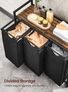 VASAGLE Laundry Hamper, Laundry Basket, Laundry Sorter With 3 Pull-Out And Removable Bags, 1 Storage Shelf, 10 Gal Capacity Per Bag, For Bathroom, Laundry Room, Ink Black And Rustic Brown UBLH301B01V1 - Black - View 6
