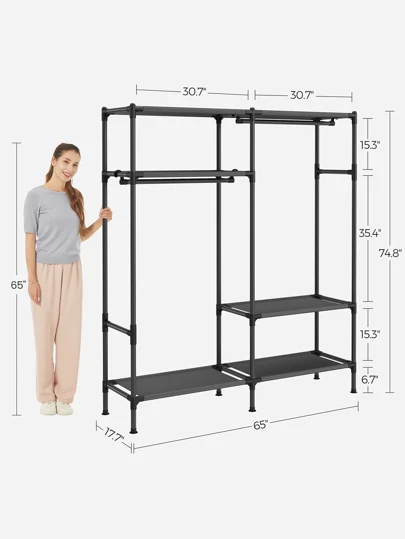SONGMICS 74.8" H Garment Rack, Clothing Rack, Portable Closet Wardrobe With Hanging Rails And Shelves, Total Load 242 Lb, Easy Assembly, For Cloakroom, Bedroom, Black