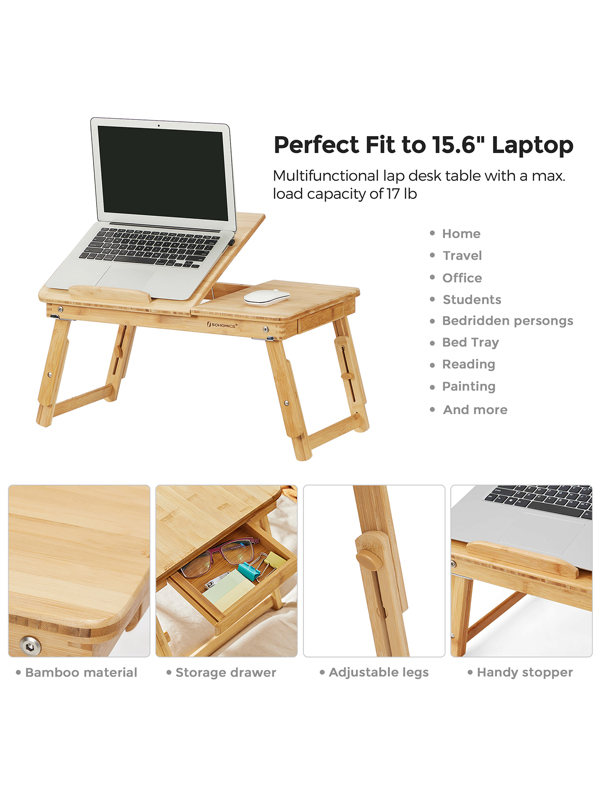 SONGMICS Laptop Desk, Folding Lap Tray, Bamboo Bed Desk with Tilting