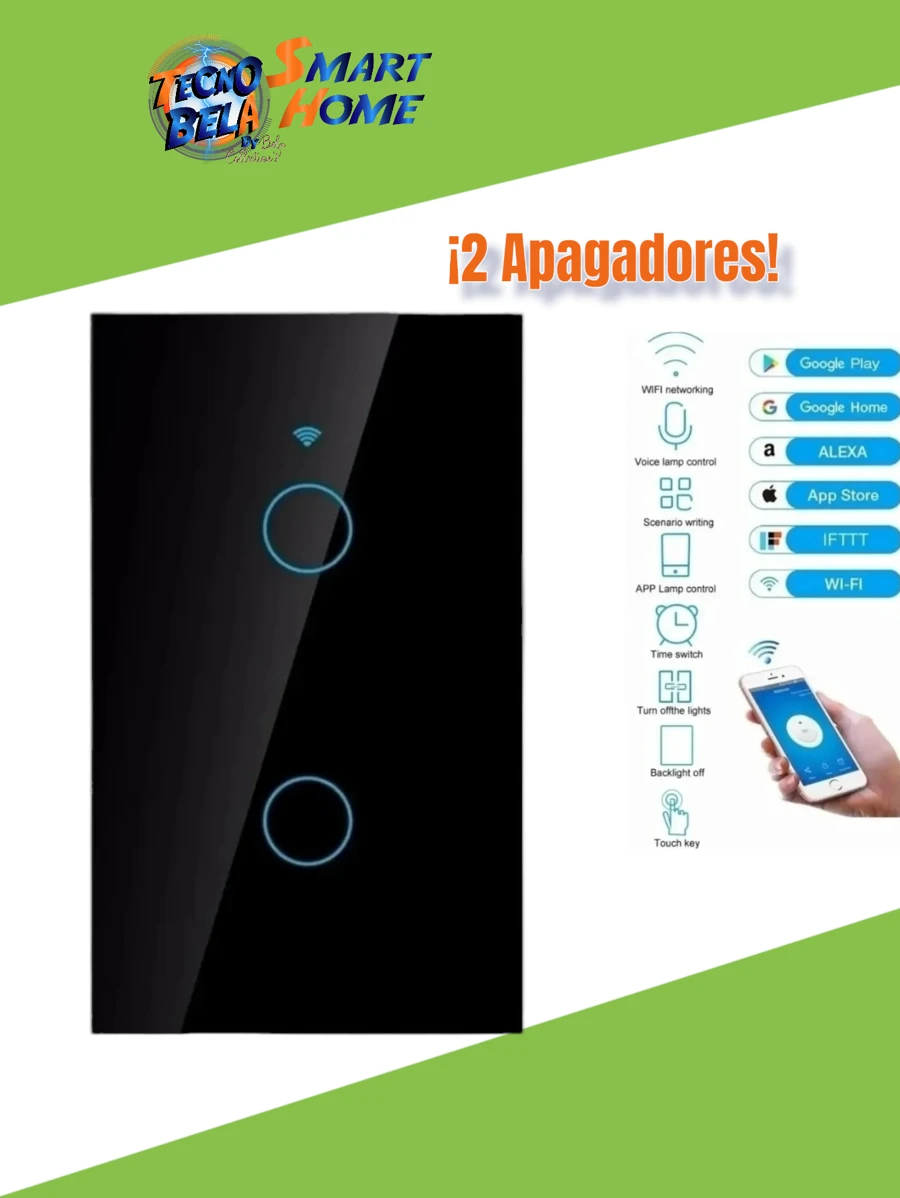 Apagador WiFi inteligente Smart Home 2 botónes o 2 vías funciona con o sin Neutro/Tierra - Negro - Ver 1