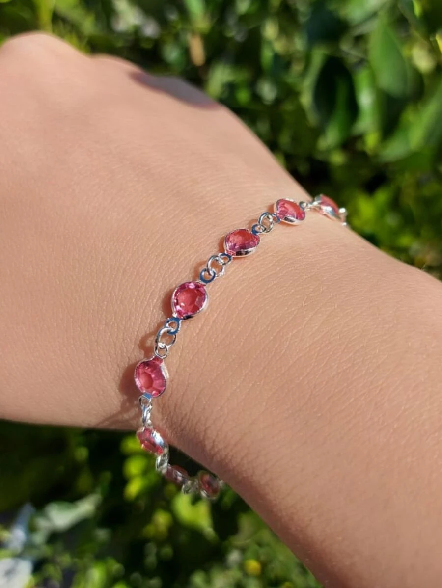 Pulseira Feminina Folheada Prata 925 pedra de zicônia rosa - Rosa chiclete - Visão 1