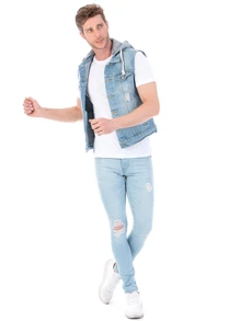 Chaleco De Mezclilla Para Hombre Con Capucha De Felpa Desmontable - Lavado ligero - Ver 4