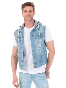 Chaleco De Mezclilla Para Hombre Con Capucha De Felpa Desmontable - Lavado ligero - Ver 1