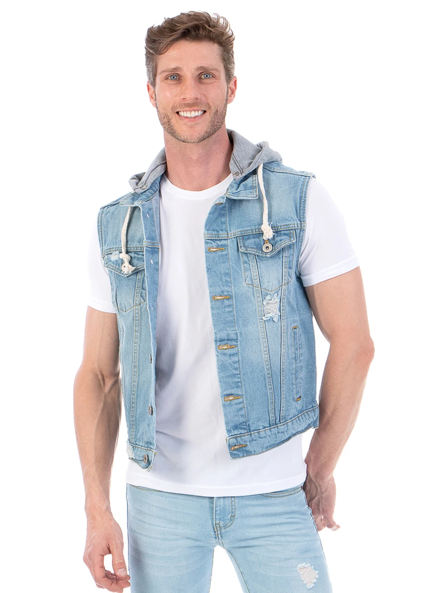 Chaleco De Mezclilla Para Hombre Con Capucha De Felpa Desmontable - Lavado ligero - Ver 1