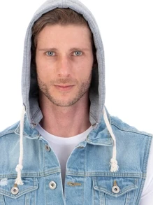 Chaleco De Mezclilla Para Hombre Con Capucha De Felpa Desmontable - Lavado ligero - Ver 3