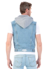 Chaleco De Mezclilla Para Hombre Con Capucha De Felpa Desmontable - Lavado ligero - Ver 2