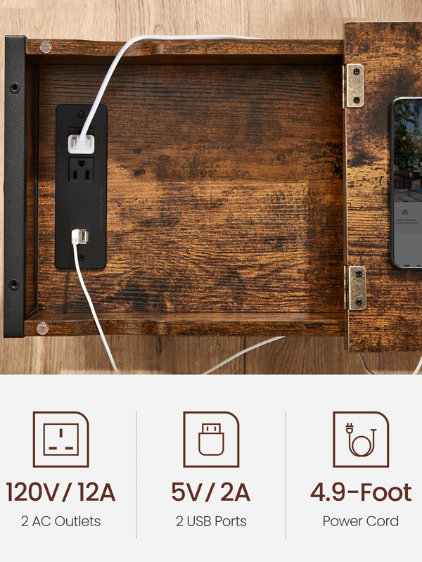 VASAGLE Side Table with Storage, End Table with USB Ports and Outlets