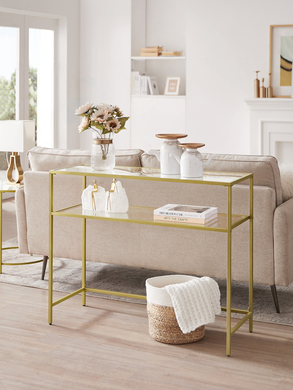 39.4 Inch Console Sofa Table, Modern Entryway Table, Tempered Glass Table, Metal Frame, 2 Shelves, Adjustable Feet, For Living Room, Hallway