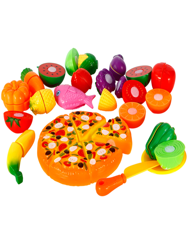 24 pcs Pretend Food Playset, Plastic Kitchen Cutting Fruits and Vegetables Set with Pizza Play